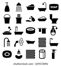 Bath icons set. set of 25 bath filled icons such as shower, towels, soap, spray bottle, soap, toilet, cloth hanging, laundry, paper towel, liquid soap, bucket