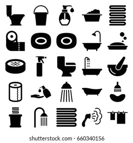 Bath icons set. set of 25 bath filled icons such as shower, towels, soap, spray bottle, toilet, cloth hanging, laundry, paper towel, liquid soap, bucket, jacuzzi