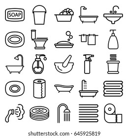 Bath icons set. set of 25 bath outline icons such as shower, towels, soap, spray bottle, soap, toilet, cloth hanging, laundry, paper towel, sink, bucket, jacuzzi