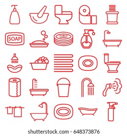 Bath icons set. set of 25 bath outline icons such as shower, towels, soap, spray bottle, soap, toilet, cloth hanging, laundry, paper towel, bucket, jacuzzi