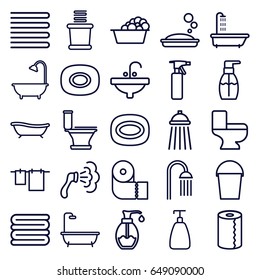 Bath icons set. set of 25 bath outline icons such as shower, towels, soap, spray bottle, toilet, cloth hanging, laundry, bottle soap, paper towel, sink, bucket