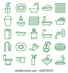 Bath icons set. set of 25 bath outline icons such as shower, towels, soap, spray bottle, toilet, cloth hanging, laundry, bottle soap, paper towel, liquid soap, sink, bucket