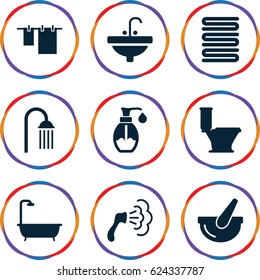 Bath icons set. set of 9 bath filled icons such as towels, shower, toilet, cloth hanging, sink, soap