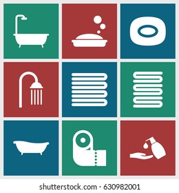 Bath icons set. set of 9 bath filled icons such as towels, soap, shower, paper towel, liquid soap