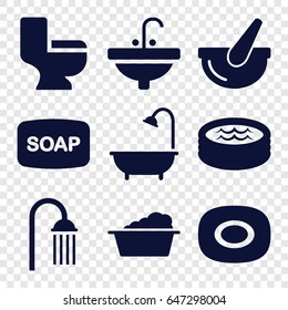 Bath icons set. set of 9 bath filled icons such as soap, soap, laundry, shower, toilet, sink, bucket
