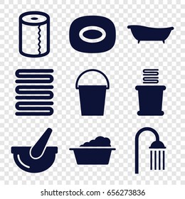 Bath icons set. set of 9 bath filled icons such as soap, towels, laundry, paper towel, shower, bucket