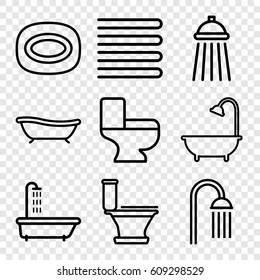 Bath icons set. set of 9 bath outline icons such as shower, towels, soap, toilet