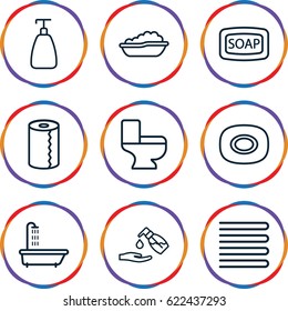 Bath icons set. set of 9 bath outline icons such as shower, towels, baby bath, soap, Soap, paper towel, liquid soap