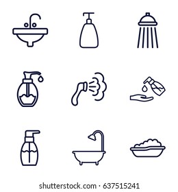 Bath icons set. set of 9 bath outline icons such as baby bath, soap, shower, bottle soap, liquid soap