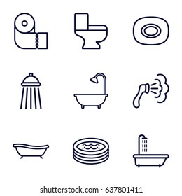 Bath icons set. set of 9 bath outline icons such as shower, soap, paper towel, toilet, jacuzzi