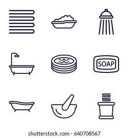 Bath icons set. set of 9 bath outline icons such as towels, soap, shower, bucket