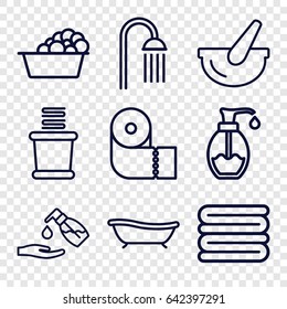 Bath icons set. set of 9 bath outline icons such as towels, laundry, paper towel, shower, liquid soap, soap, bucket
