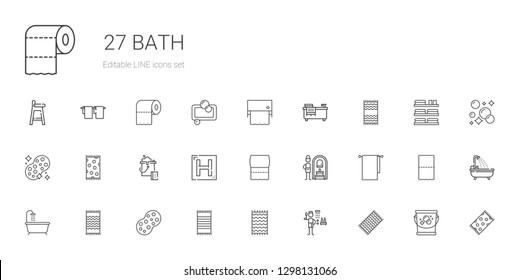 bath icons set. Collection of bath with beach towel, shower, sponge, bathtub, towels, russian banya, toilet paper, hotel, bucket, soap, towel. Editable and scalable bath icons.