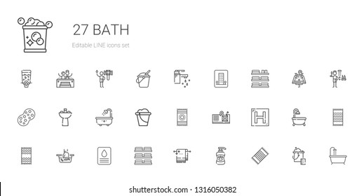 bath icons set. Collection of bath with beach towel, shampoo, towel, towels, soap, hand wash, hotel, sink, bucket, bathtub, sponge, tap, shower. Editable and scalable bath icons.