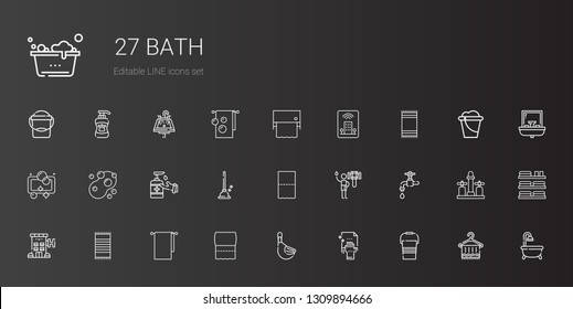 bath icons set. Collection of bath with bucket, cleaning, duck, toilet paper, towels, beach towel, hotel, faucet, shower, plunger, antiseptic. Editable and scalable bath icons.