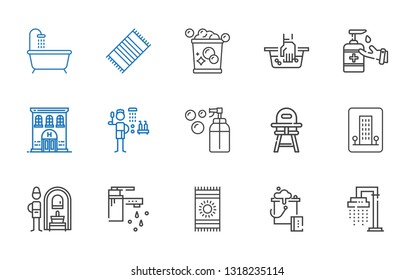 bath icons set. Collection of bath with shower, bucket, beach towel, tap, russian banya, hotel, baby chair, soap, antiseptic, hand wash, bathtub. Editable and scalable bath icons.