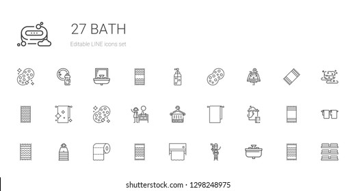 bath icons set. Collection of bath with sink, plumber, towel, beach towel, toilet paper, sauna, bucket, sponge, towels, soap, washing. Editable and scalable bath icons.