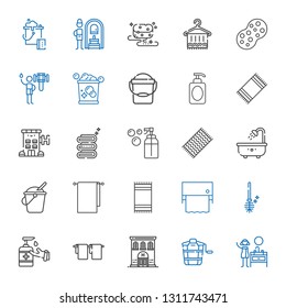bath icons set. Collection of bath with sink, bucket, hotel, towel, antiseptic, toilet brush, toilet paper, beach towel, bathtub, soap, shower. Editable and scalable bath icons.