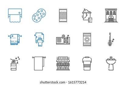 bath icons set. Collection of bath with sink, bucket, motel, towels, soap, toilet brush, beach towel, cleaning, towel, hotel, sponge, toilet paper. Editable and scalable bath icons.