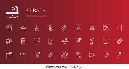 bath icons set. Collection of bath with tap, bucket, sponge, beach towel, towel, cleaning, soap, shower, bathtub, toilet paper, sink, hotel. Editable and scalable bath icons.