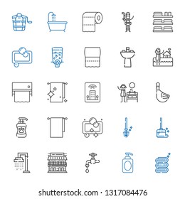 bath icons set. Collection of bath with towel, soap, faucet, motel, shower, wiping, toilet brush, towels, shampoo, duck, sink, hotel, toilet paper. Editable and scalable bath icons.