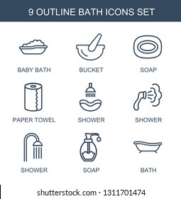 bath icons. Trendy 9 bath icons. Contain icons such as baby bath, bucket, soap, paper towel, shower. icon for web and mobile.