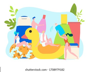 Bath items and accessories, hygiene concept, clean tiny people vector illustration. Men and women washing, cartoon characters using shampoo and shower gel. Body care and healthy lifestyle accessories