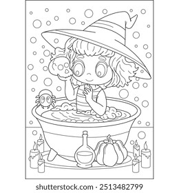 bath kawaii witch halloween coloring book page for kids and adults creative coloring mindful relaxation activity