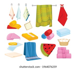 Bath kitchen towel set of isolated pot holder icons stacked towels hanging on hooks and rail vector illustration