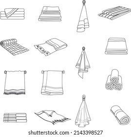 Bath and kitchen towels outline flat vector icon collection set