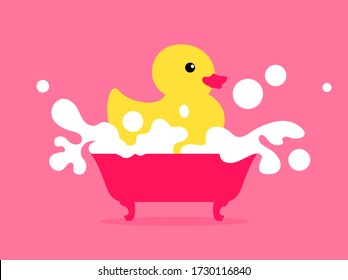 Bath with a large beautiful foam and a yellow rubber duck. Baby shower party.