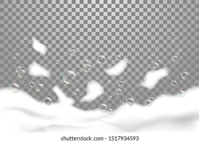 Bath lather realistic illustrarion on transparent background. Soap foam with shampoo bubbles, banner suds texture.