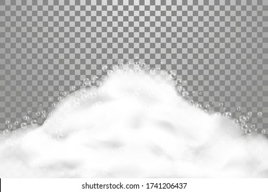 Bath lather realistic illustrarion on transparent background. Soap foam with shampoo bubbles, suds texture, vector illustration