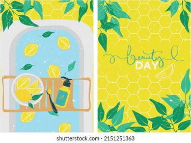 Bath with lemons and leaves. Face wash. A set of posters. Decorated bath for a pleasant evening. Personal care. Home spa for lifestyle design. Trendy banner for any design. Elegant, modern style