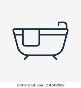 Bath Line Icon. Bathtub with Tap and Towel Linear Pictogram. Bathroom Outline Icon. Editable Stroke. Isolated Vector Illustration.