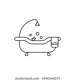 Bath in linear style vector icon. Shower logo concept. Outline of a cute bathtub in a simple flat style. Cleanliness vector icon. Home interior for bathroom vector. Vector illustration.