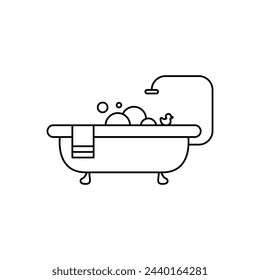 Bath in linear style vector icon. Shower logo concept. Outline of a cute bathtub in a simple flat style. Cleanliness vector icon. Home interior for bathroom vector. Vector illustration.