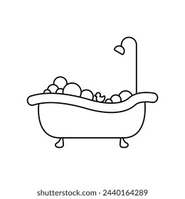 Bath in linear style vector icon. Shower logo concept. Outline of a cute bathtub in a simple flat style. Cleanliness vector icon. Home interior for bathroom vector. Vector illustration.