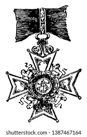 The Bath is a military decoration of Europe, this medal has shape like a star, and one lion in each gap, vintage line drawing or engraving illustration