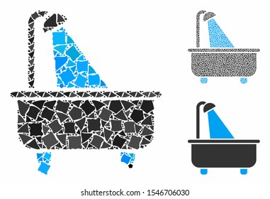Bath mosaic of tremulant parts in variable sizes and shades, based on bath icon. Vector irregular parts are grouped into collage. Bath icons collage with dotted pattern.