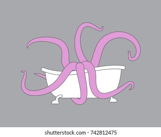 bath and Octopus. bathtub and monster. Vector illustration