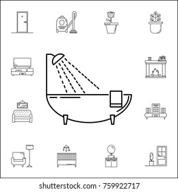 bath with an open shower icon. Set of household accessories icons. Signs, outline furniture collection, simple thin line icons for websites, web design, mobile app, info graphics on white background