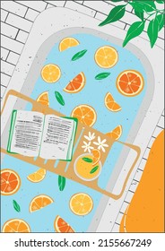 Bath With Oranges And Citruses. Read A Book In The Bathroom. Scandinavian Interior. A Set Of Posters. Decorated Bath For A Pleasant Evening. Personal Care. Home Spa For Lifestyle Design. 