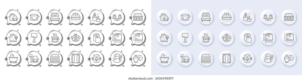 Bath-, Paket- und Kissenliniensymbole. Weiße Pin-3D-Tasten, Chatblasen-Symbole. Pack der offenen Tür, Kronleuchter, Kissen-Symbol. Sessel, flexible Matratze, Atmungsaktives Matratzenpiktogramm. Vektor