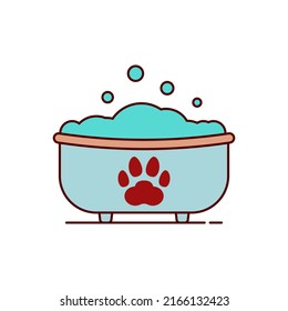 Bath with paw print. Washing in the bathtub for pet. Outline and line style. Isolated colored vector illustration on white background.