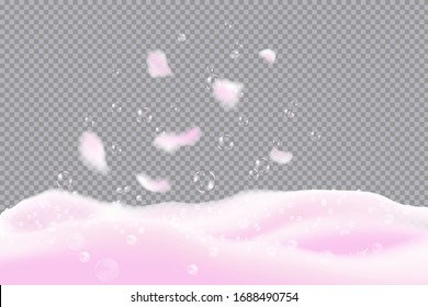 Bath pink foam isolated on checkered  transparent background. Shampoo bubbles texture.Sparkling pink shampoo and bath lather. Vector illustration.
