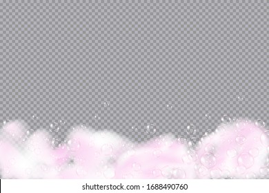 Bath-rosa Schaum einzeln auf transparentem, schachbreit gefächertem Hintergrund. Shampoo Bläschen Textur.Sparkling rosa Shampoo und Bad Lader. Vektorillustration.
