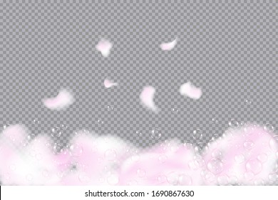 Bath pink foam isolated on checkered  transparent background. Shampoo bubbles texture.Sparkling pink shampoo and bath lather. Vector illustration.