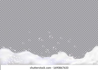 Bath pink foam isolated on checkered  transparent background. Shampoo bubbles texture.Sparkling pink shampoo and bath lather. Vector illustration.