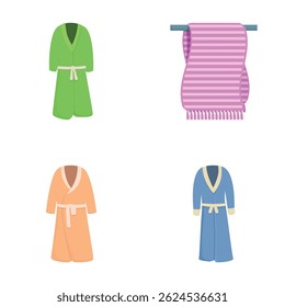 Bath robe icons set cartoon vector. Colorful bathroom textile item. Bath supplies